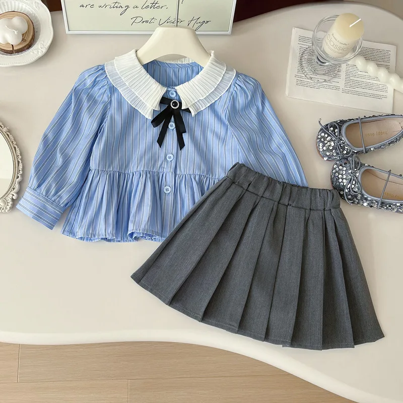 

‌2025 Fall New Girls Long Sleeve Striped Shirt Pleated Skirts Set Two Pice Cute Kids School Uniform Outfit 2 Piece Preppy Style