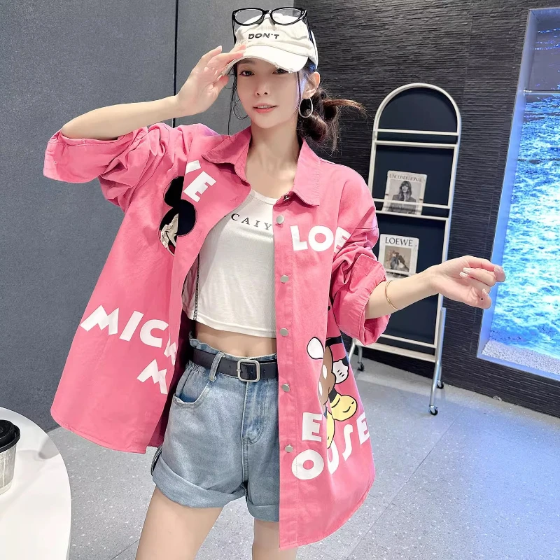 

Розовая джинсовая рубашка для женщин, плащ средней длины, стильный роскошный элитный модный топ, осенний универсальный кардиган в европейском стиле