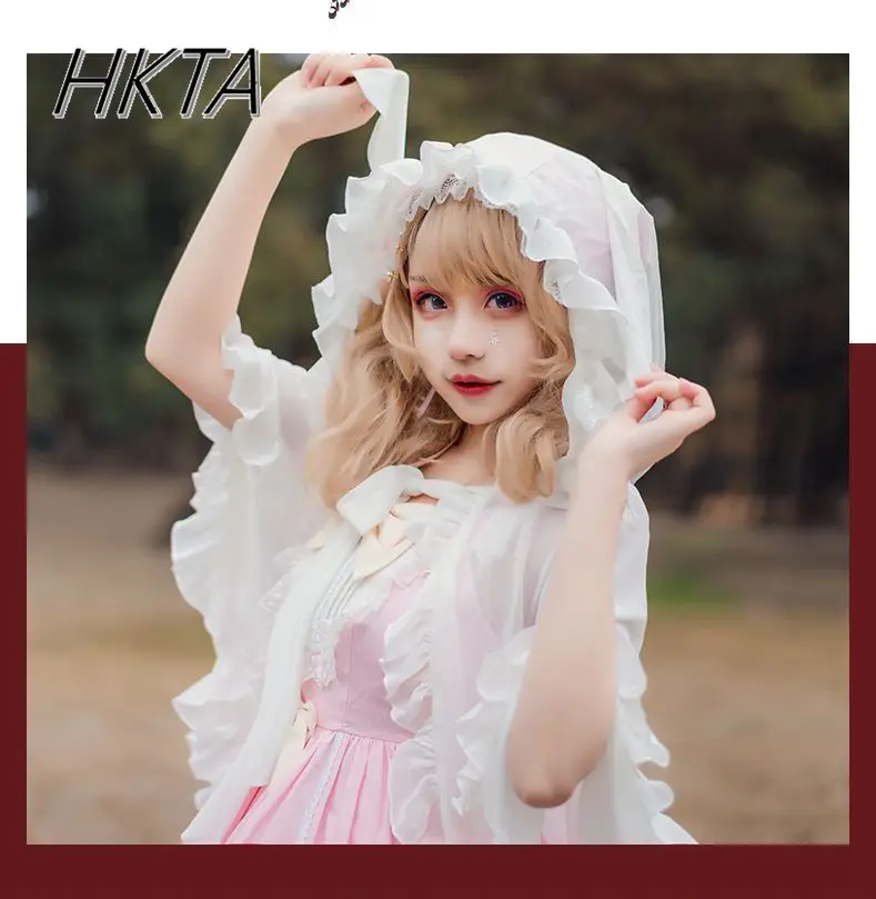 

Sweet Lolita Sunscreen Shawl with White Blouse Women Summer Thin Lantern Long Sleeved Pleated Crew Neck Chiffon Shirts Female