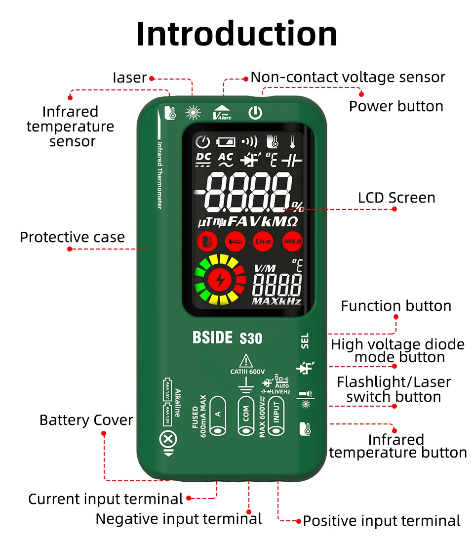 BSIDE Digital Multimeter Smart Infrared Temperature 15V Diode LED Tester True RMS 9999 DC AC Voltage Rechargeable Multiteter DMM