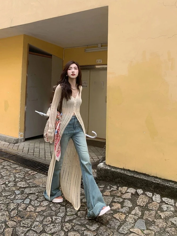 

Mid-length Slim Fit Knitted Tops Y2k E-girls Thin Hollow Out Sun Coat 2025 New V-neck Subcultural Cardigan Sweater Dress