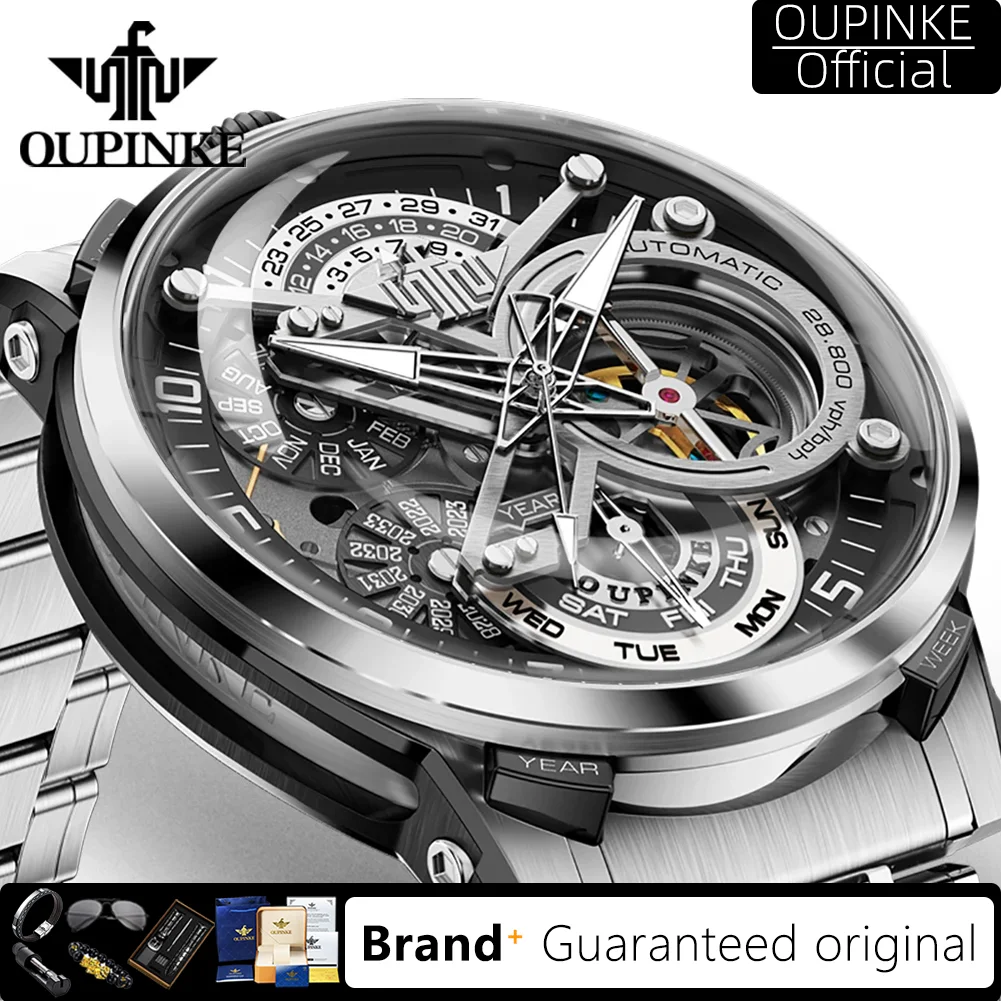 

OUPINKE Автоматические мужские часы Высококачественные итальянские дизайнерские многофункциональные механические мужские часы с полым маховиком 3278