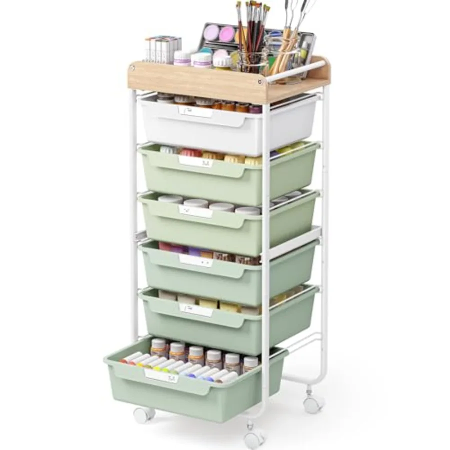 

Rolling Cart with 6 DrawersUtility Storage Cart with Drawers Art Craft Organizers and Storage Makeup Organizer with Wooden Tabl