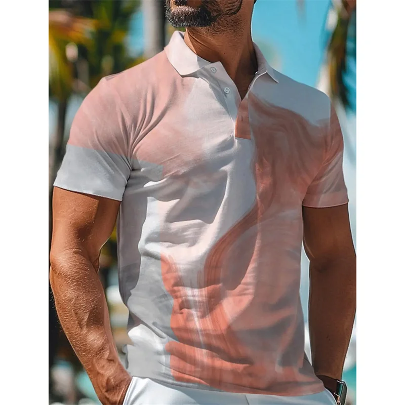 

Gradient Blending Pattern Polo Shirt For Men Plain Colour 3D Printed T-Shirts Summer Casual Lapel Tops Short Sleeve Loose Tees