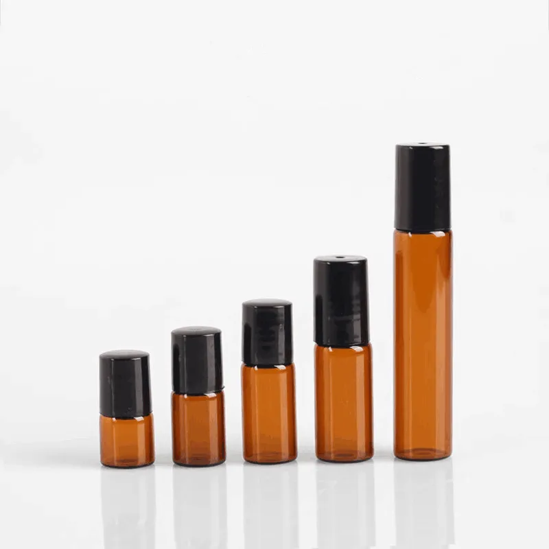 Botella de vidrio fino ámbar para pruebas de muestras, viales de aceite esencial con rodillo de Metal/Bola de vidrio, 20/50 piezas, 1ml, 2ml, 3ml,