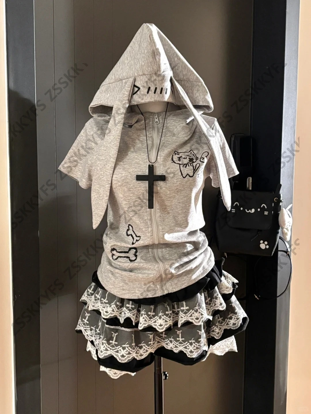 

Японская толстовка с короткими рукавами и кроликом 2000-х годов для девочек Y2k, эстетичное тонкое милое пальто, блузка Kpop, осенняя модная женская толстовка с капюшоном