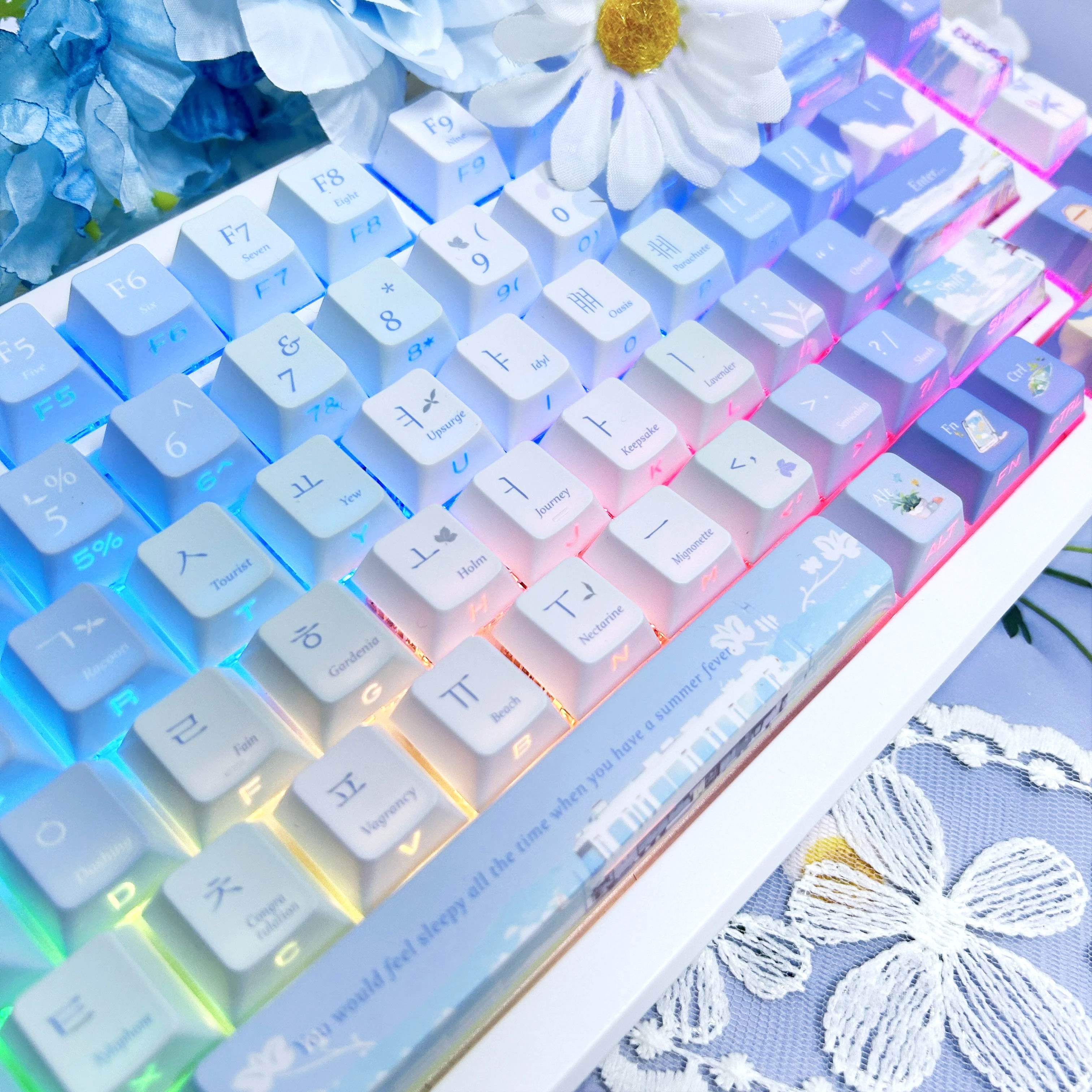 Summer Korean Keycaps Cherry Pbt Blue Chasing Summer Cool Theme 126Keys Customized Gradient Hangul Keycaps