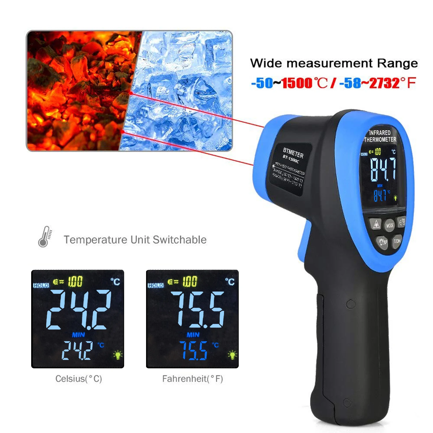 

Цифровой профессиональный инфракрасный термометр-58 ℉ ~2732 ℉ , Цветной ЖК-дисплей, лазерная мишень, 30:1 D:S, регулируемое излучание, портативный