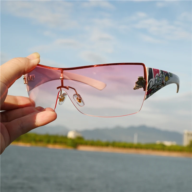 

Vazrobe Luxury Fashion Sunglasses Women Men Wide Temple Print Transparent Sun Glasses for Female Vintage Goggles Pink One-piece