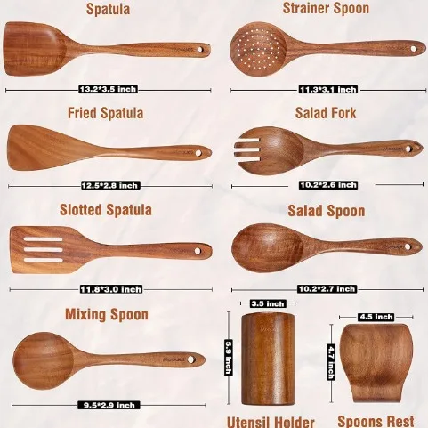 Teak Cooking Set Acacia Wood Kitchen Utensils Long Handle Spatula Spoon Fork Non-stick Cookware 10-Piece