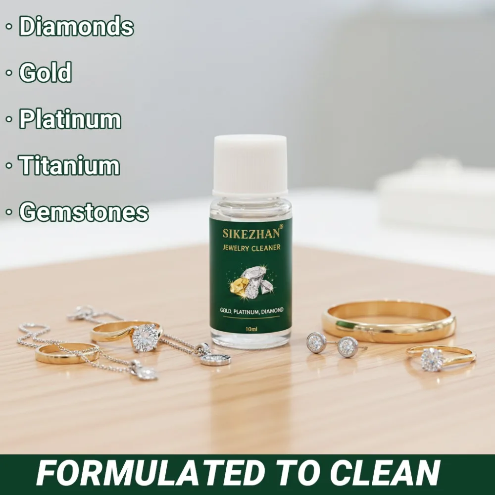 Jewelry Cleaner Solution & Polishing Cloth Set | Gold Silver Diamond Tarnish Remover | Portable 10ml Liquid + 50pcs Pink Wipes