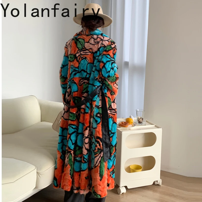 YOLANFAIRY abrigo de piel auténtica para mujer, abrigo largo holgado de invierno, chaqueta de piel de visón empalmado, traje de mujer con cuello, abrigos de piel florales, chaquetas