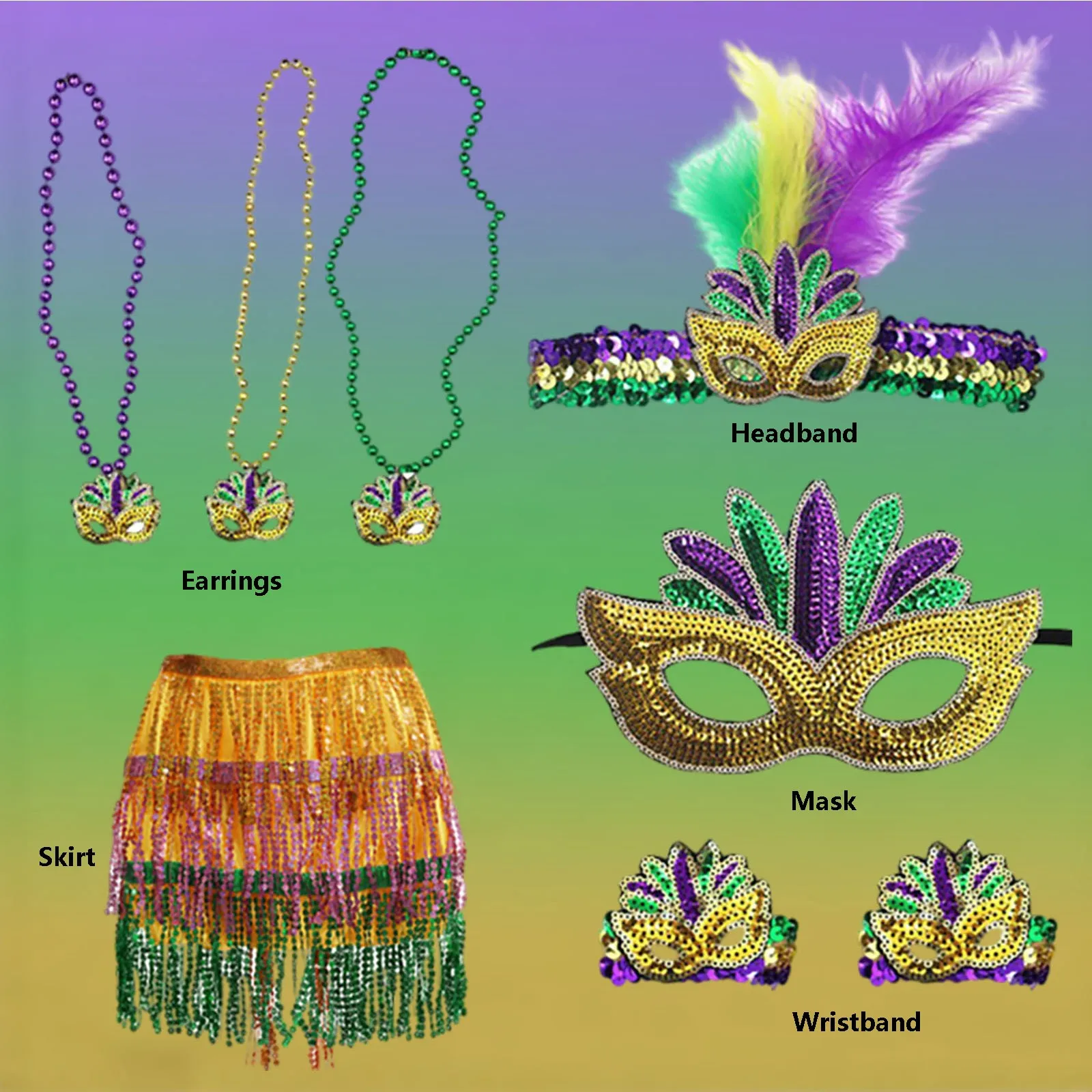 Mardi Gras Headband Mask 2025 Tricolour Beads Bracelet Sequins Dress Set Pom Pom Sequins Dress Feather Tricolour Headpiece