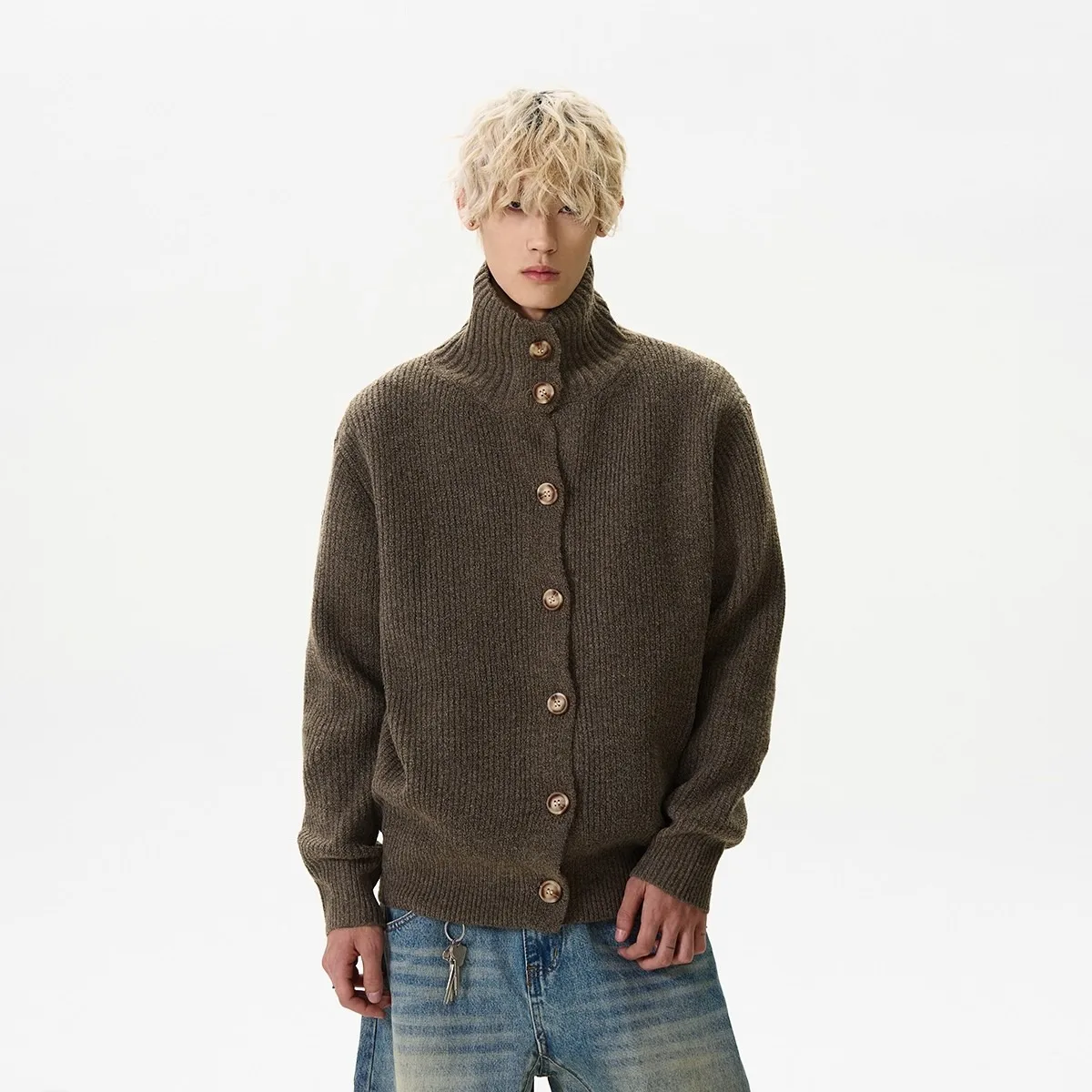 2025 الخريف والشتاء جديد الأمريكية الرجعية بلون الوقوف طوق سترة مشغولة من الصوف الرجال فضفاض زر سترة سترة #3