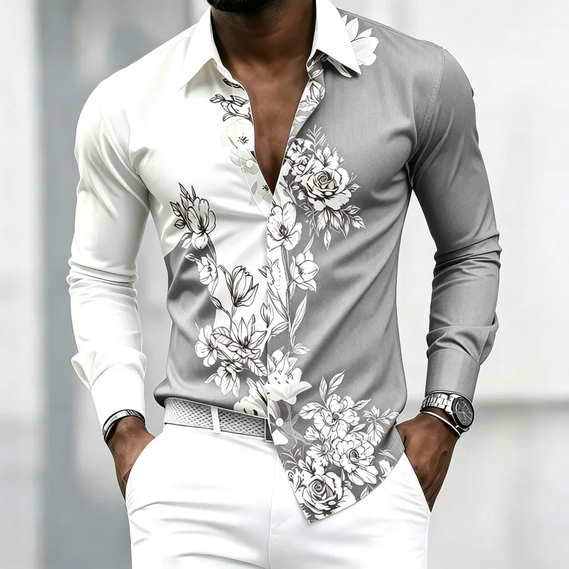 Men's shirt with contrasting floral print, long sleeved shirt, lapel cardigan, casual business men's top, comfortable fabric