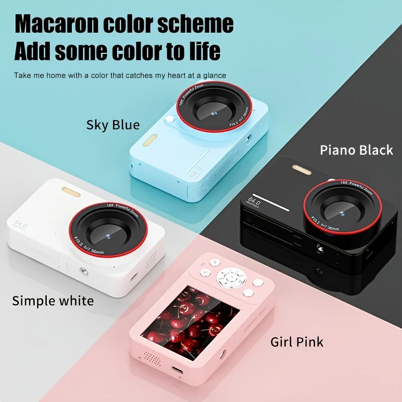 كاميرا رقمية محمولة CCD شاشة 2.8 بوصة 64 ميجابكسل ضبط تلقائي للصورة 18X تكبير هايت بكسل كاميرا صغيرة 1080P كاميرا فيديو كاميرا سيلفي