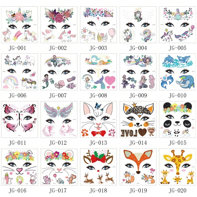 Festival Kids Cartoon Dierlijke Stijl Gezicht Tattoo Tijdelijke Waterdichte Body Art Sticker Wegwerp Make-Up Bloem Vlinder Eenhoorn