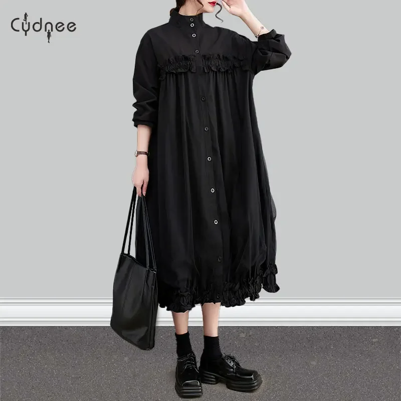 Women's Stand Collar Layered Shirred Hem Button Front Shirt Dress Long Sleeve Loose Simple Long Dress