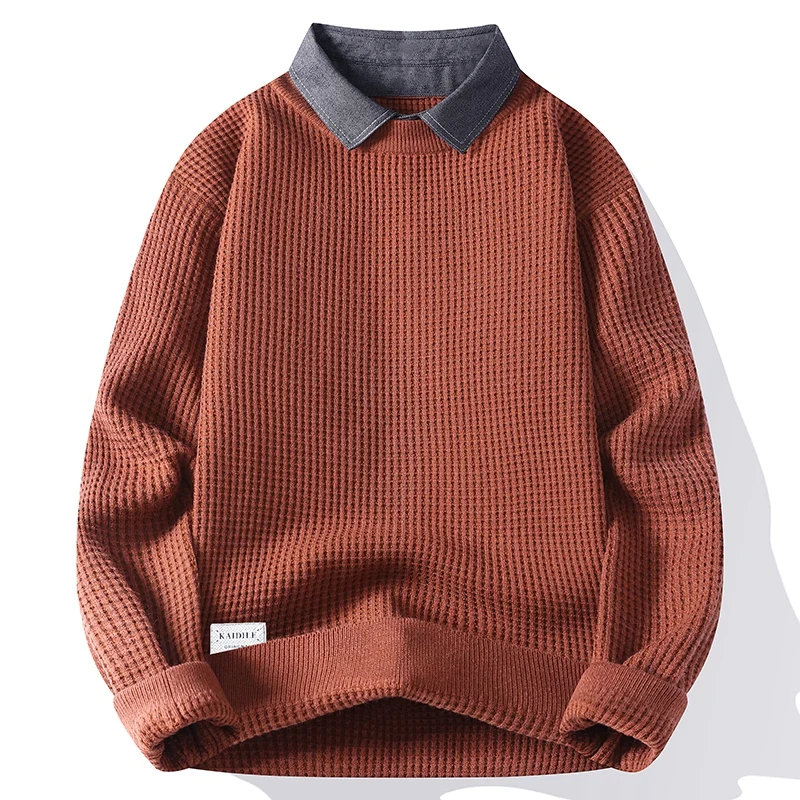 

men's autumn winter long sleeves knit false two-piece sweater lapel new keep warm pullover leisure fashion youth men's clothing