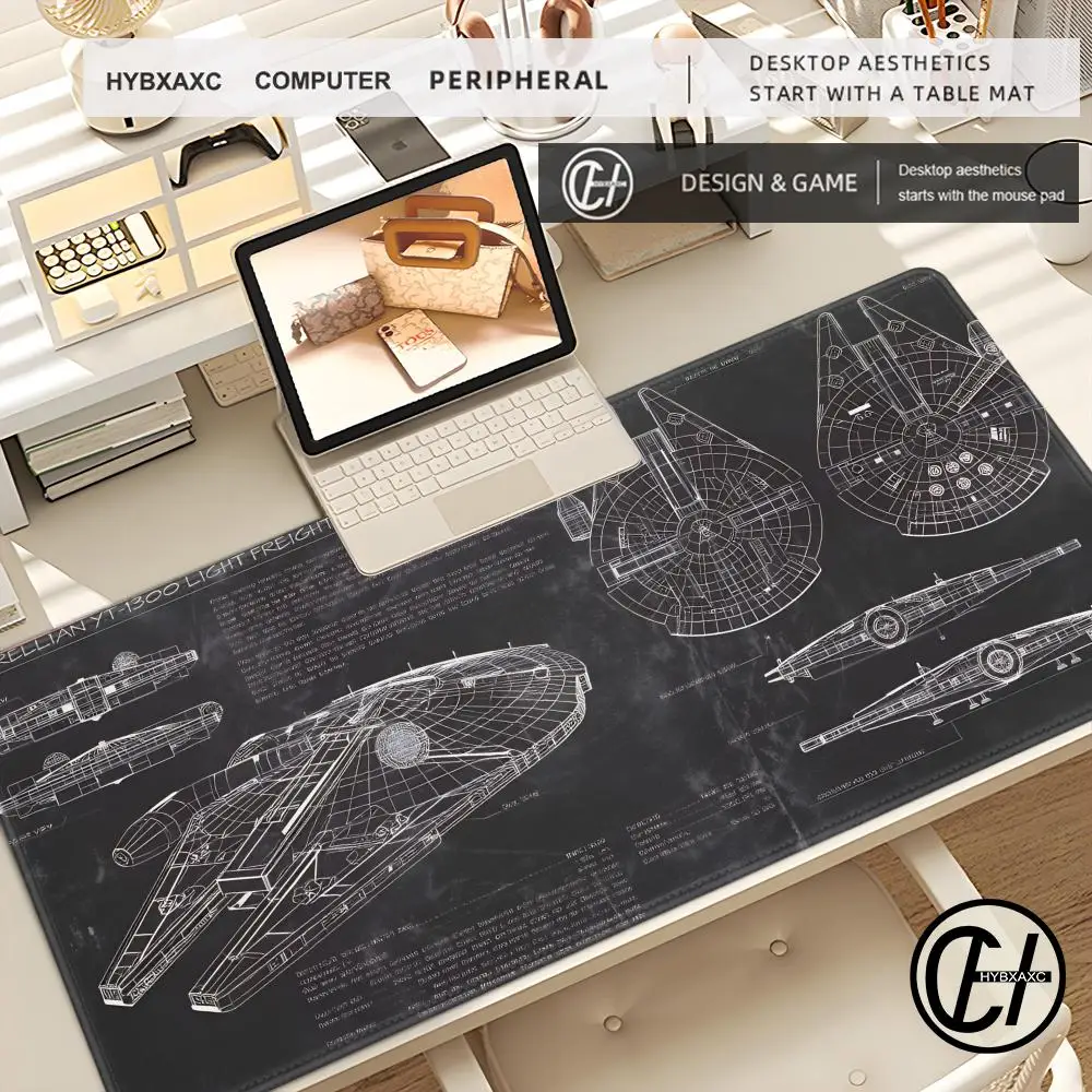 HYBXAXC Vintage Starship Blueprint Gaming Mouse Pad, Extended Anti-slip Desk Mat, Durable Keyboard Pad, Space Themed Desktop Mat