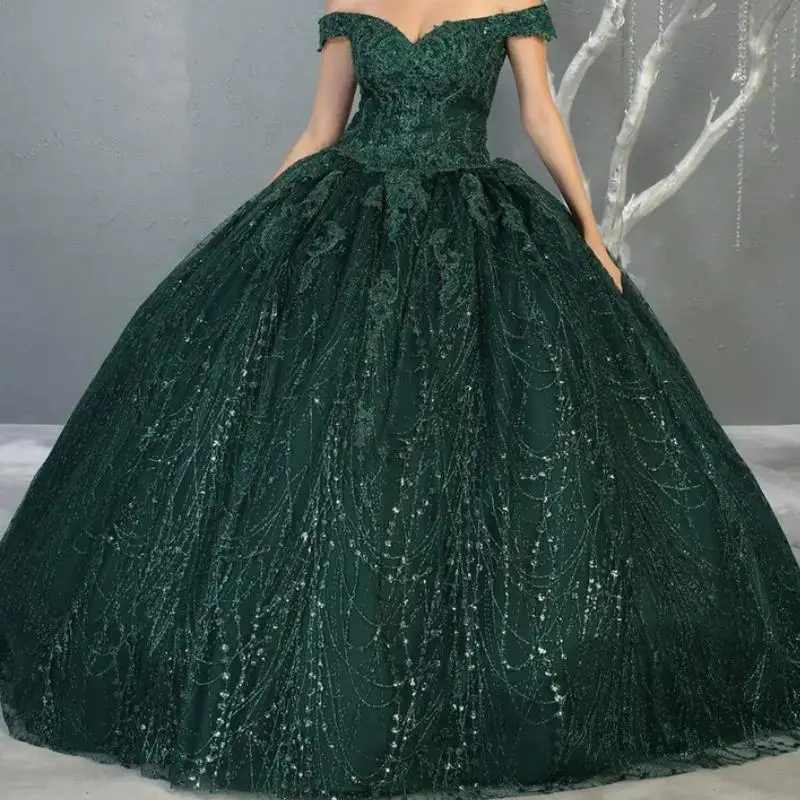 

Elegant Emerald Green Women Party Special Occasion Dresses Cap Sleeve Lace Applique Ball Gown Sweet 15 16 Prom Quinceanera Dress