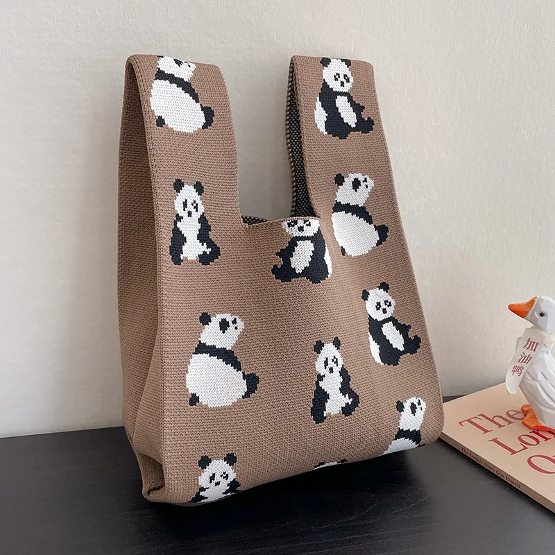 Fashion Handmade Knit Handbags Women Cute Panda Handbag Striped Casual Tote Bag Korean Design Mini Knot Reusable Shopping Bags