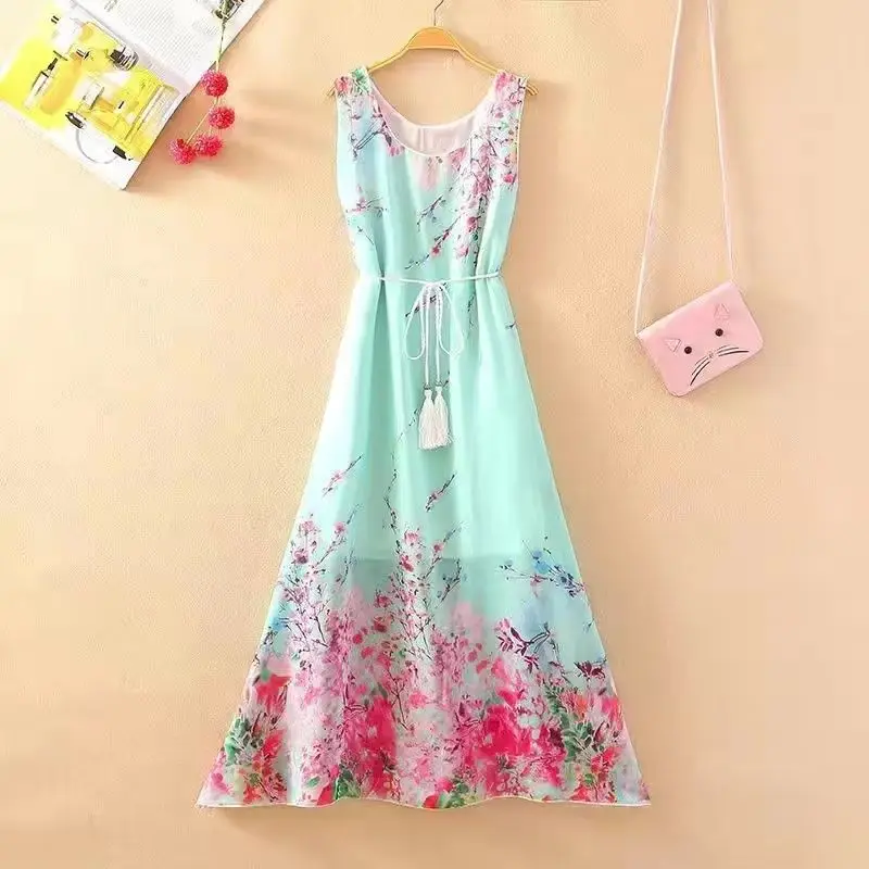 Sand Vacation Summer 2024 New Chiffon Colorful Dress Bohemia Sleeveless Printing Multicolor Lower Back Loose Comfortable Dress