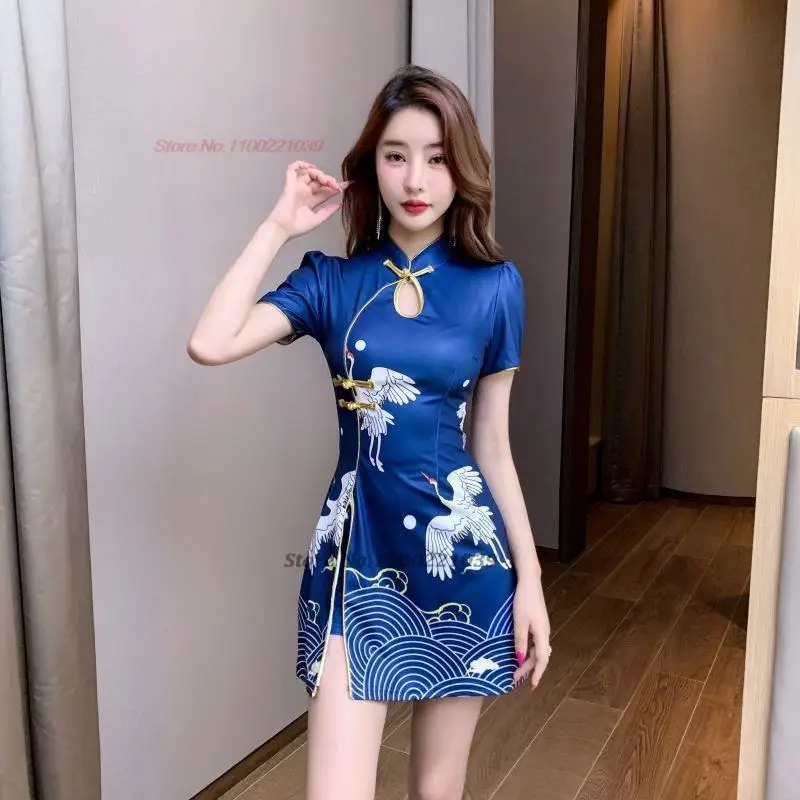 2025 chinese traditional qipao improved cheongsam dress national crane print hotel spa work dress nightclub dress oriental qipao