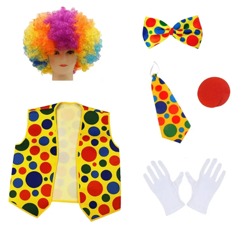 

Clown Set Wig Nose Bow Tie Cosplay Costume Disguise Vest Accessories for Adult Halloween Circus Carnival Party Props Role Play