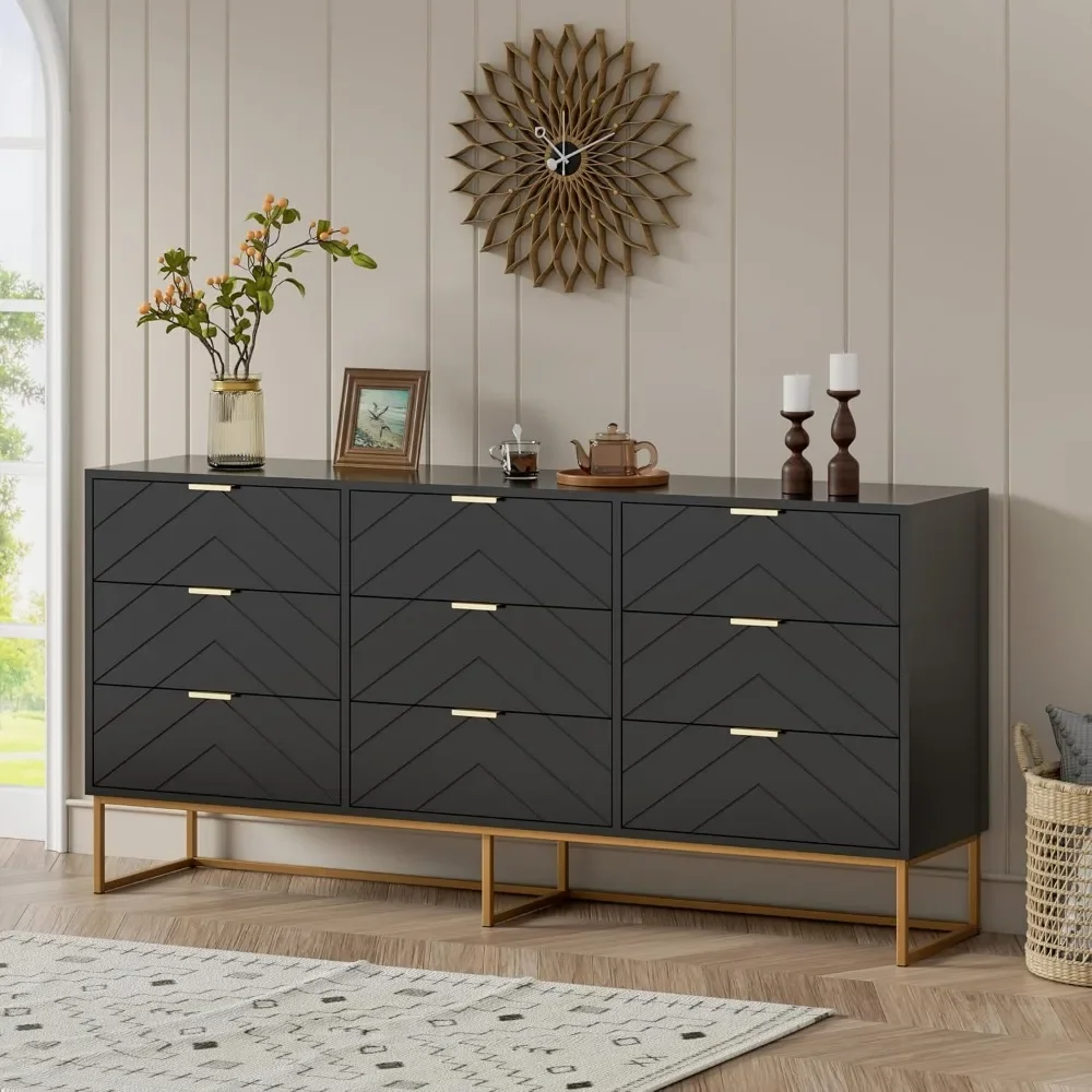 9 Drawer Dresser, Security Large Chest of Drawers, Black Dresser with Storage, Bedroom Locker, Living Room Dresser