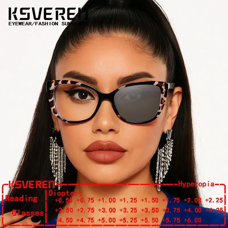 

Women Cat Eye Photochromic Spring HingeReading Glasses Finished Prescription Presbyopic Glasses Outdoor Discolored Eyewear