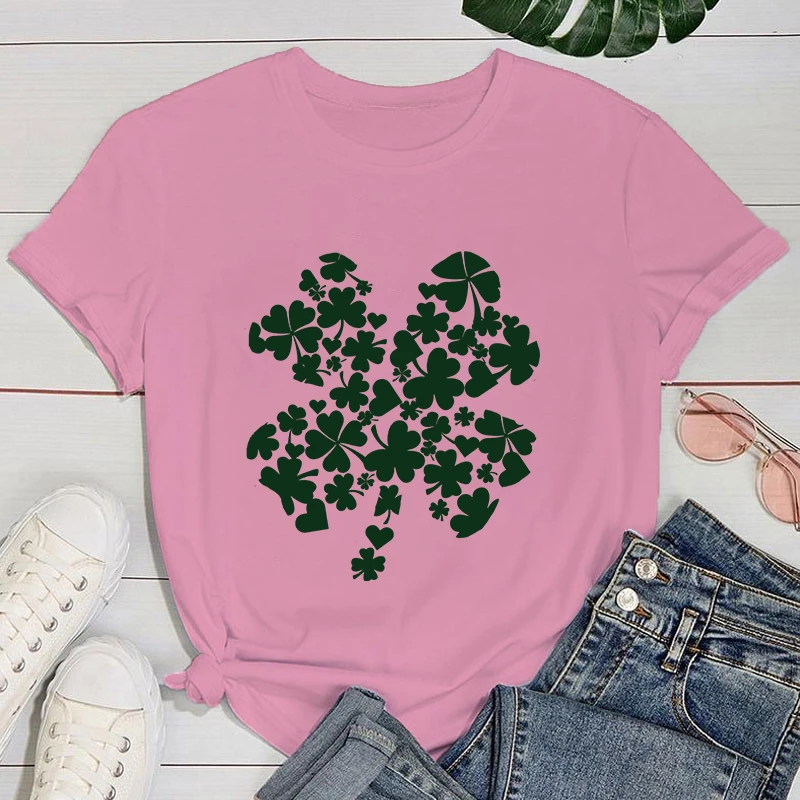 (Premium T-shirt)St. Patrick'S Day Clover Print T-Shrits For Women Summer Short Sleeve Round Neck Cute Loose T-Shirt Creative T