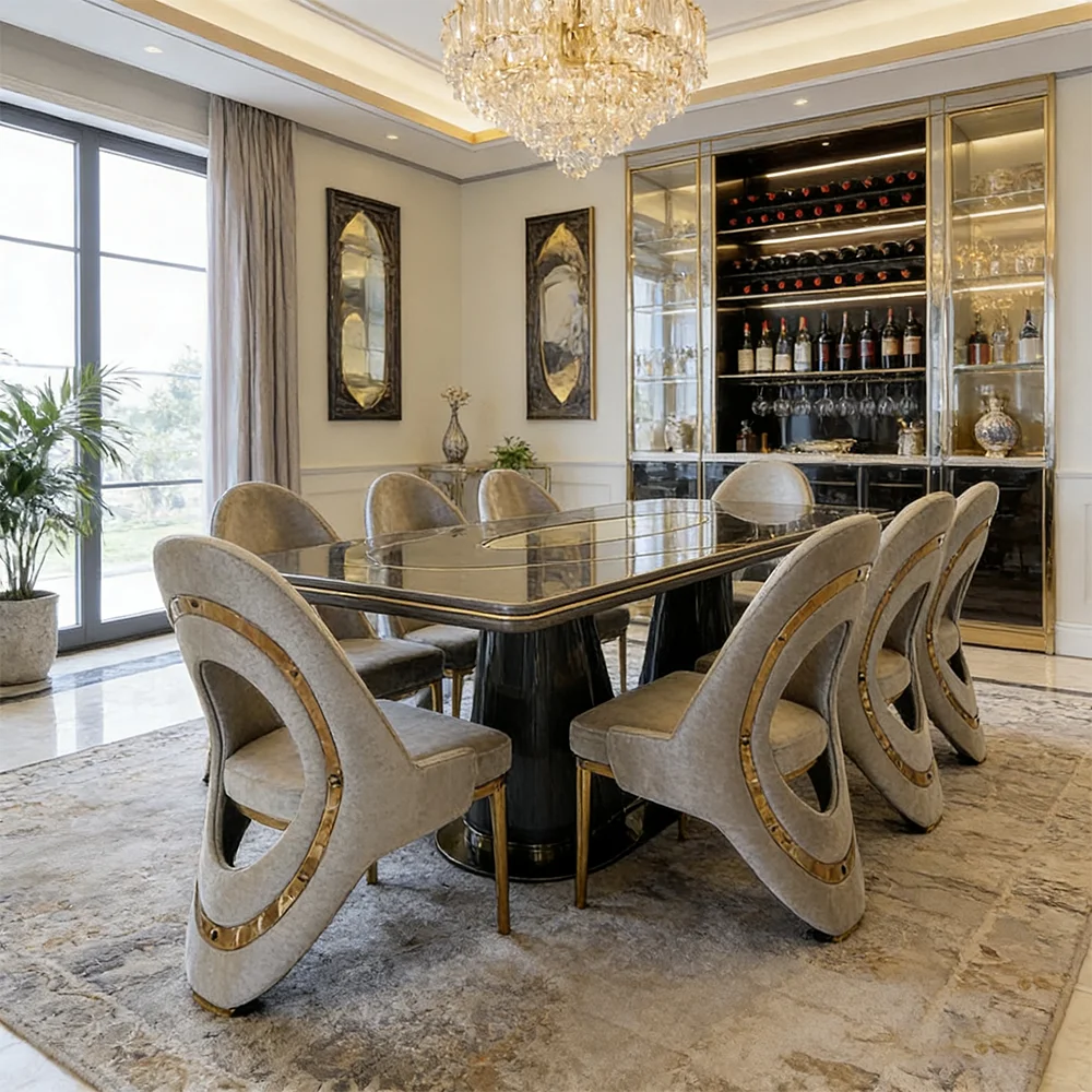 #Modern Luxury Dining Room Set: High-Gloss Table & Plush Upholstered Chairs With Gold Accents