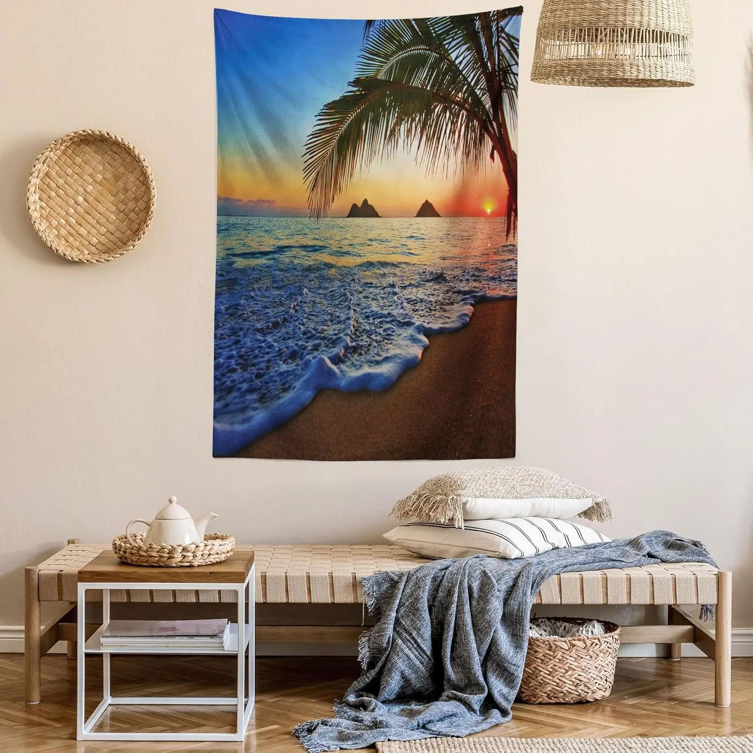 Hawaiian Tapestry, Pacific Sunrise at Lanikai Beach Hawaii Colorful Sky Wavy Ocean Surface Scene, Fabric Wall Hanging Decor for