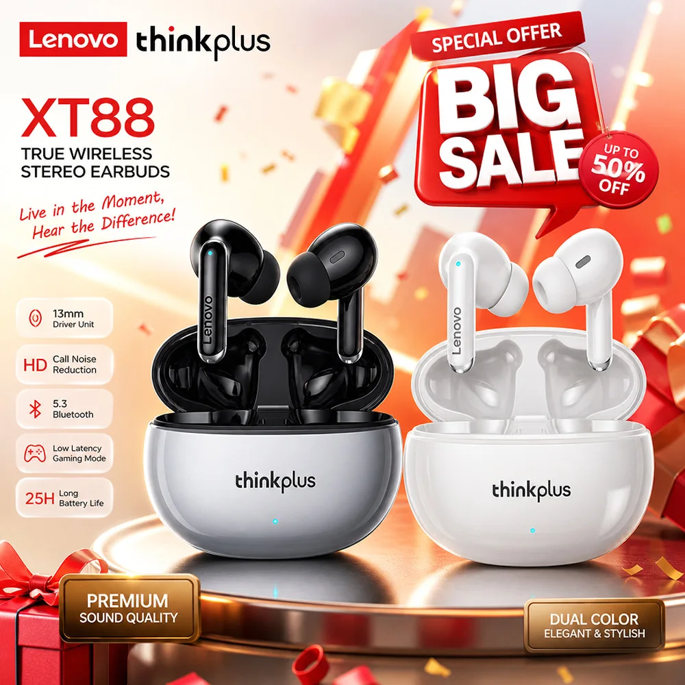 Lenovo XT88 Wireless Earphones Bluetooth 5.3  Stable Connection Ergonomic In Ear Design Dual Mic Call Noise Sport Gaming Headset