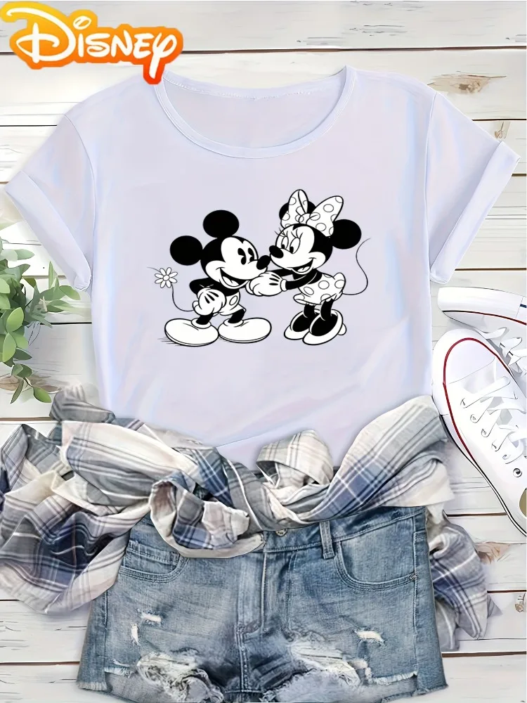 

Disney Mickey and Minnie Interactive Classic Black-and-White Style Women's Fashion Casual Short-Sleeve Harajuku Shirt Top