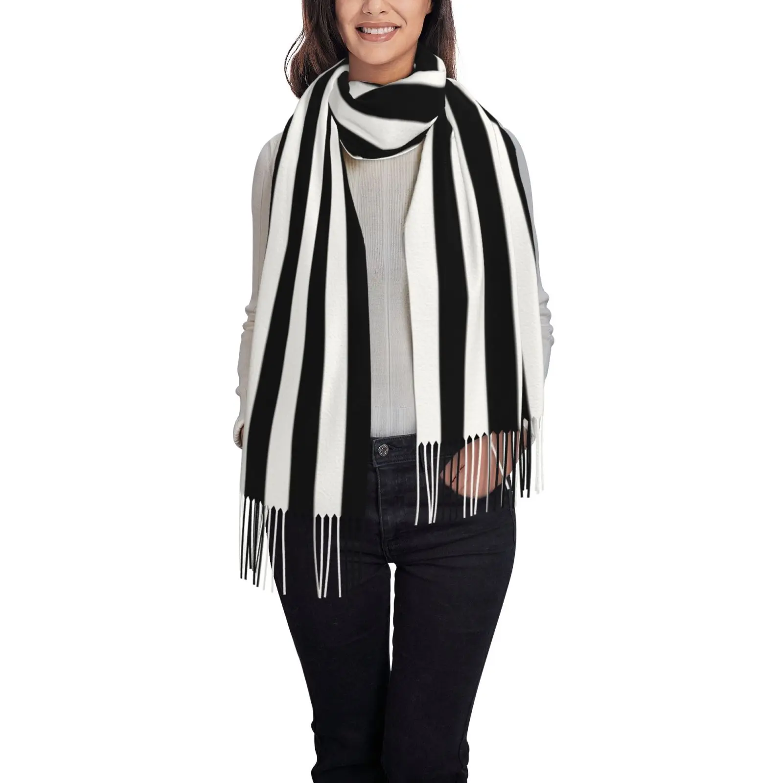 Women Black White Striped Print Shawl Scarf, Tassel Large Wrap, Soft Fashion Ladies Casual Cape Scarves