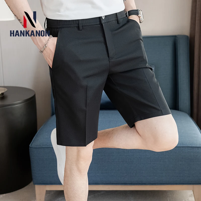 Men\'s Suit Shorts, Solid Color Summer Five-point Pants, Business Casual Men\'s Straight Pants.Elasticity, Elastic Waistband.