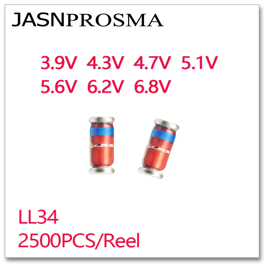 

JASNPROSMA 2500PCS LL34 3.9V 4.3V 4.7V 5.1V 5.6V 6.2V 6.8V 1/2W SMD 1206 RoHS Silicon Planar Zener Diodes High quality