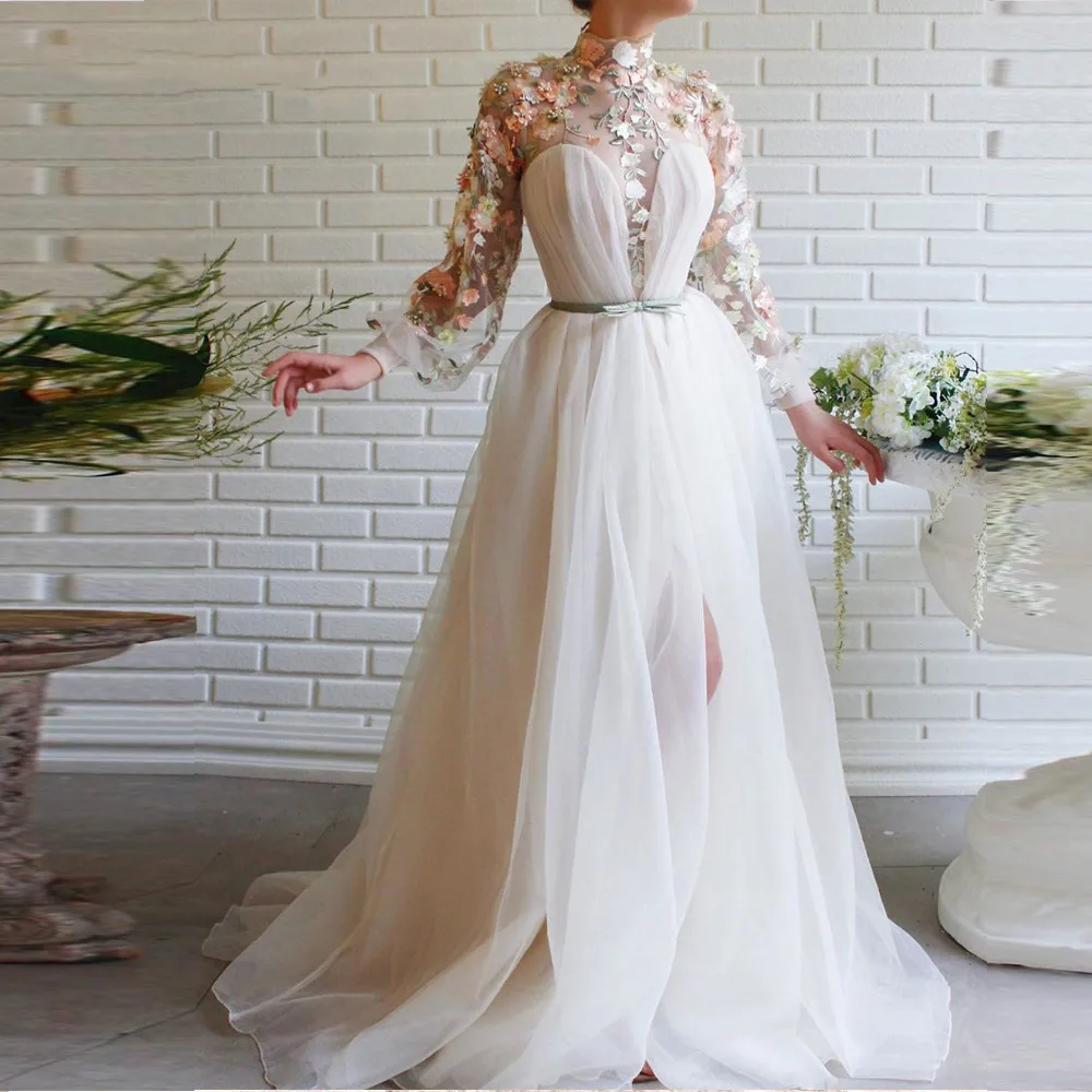 Elegant White Evening Dresses Lace Applique Evening Gown High Collar Party dress Split Formal Prom Robe de soiree