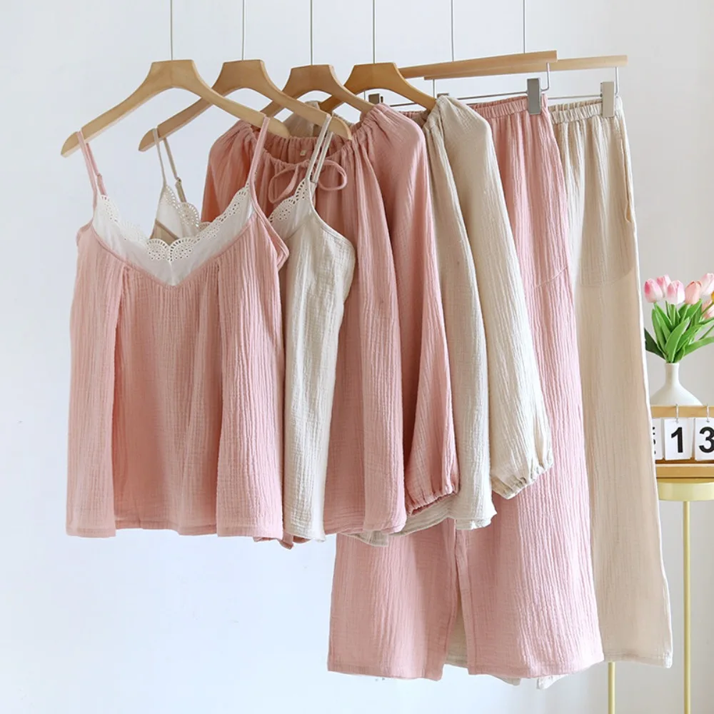 

French Style Sexy Pajama Set - Women's 3PC Cotton Gauze Sleepwear with Lace Trim, Long Sleeve & Camisole for Spring/Autumn