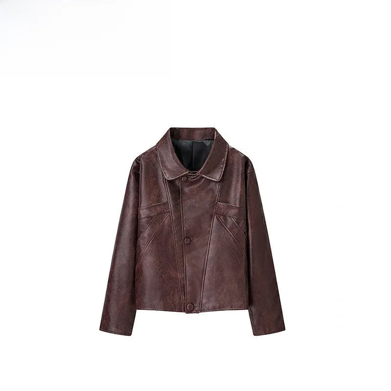 

Faionable Casual Tee-Button Leather Jaet for Women Simple Ele Autumn New Sle Youth Regular Length No Brand