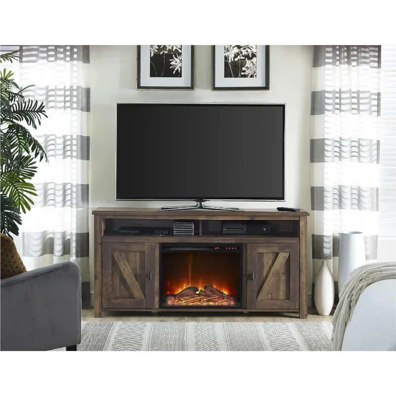Rustic Ameriwood Home Farmington Fireplace TV Console Media Stand Fits Up to 60 Inch TVs for Living Room Entertainment Center