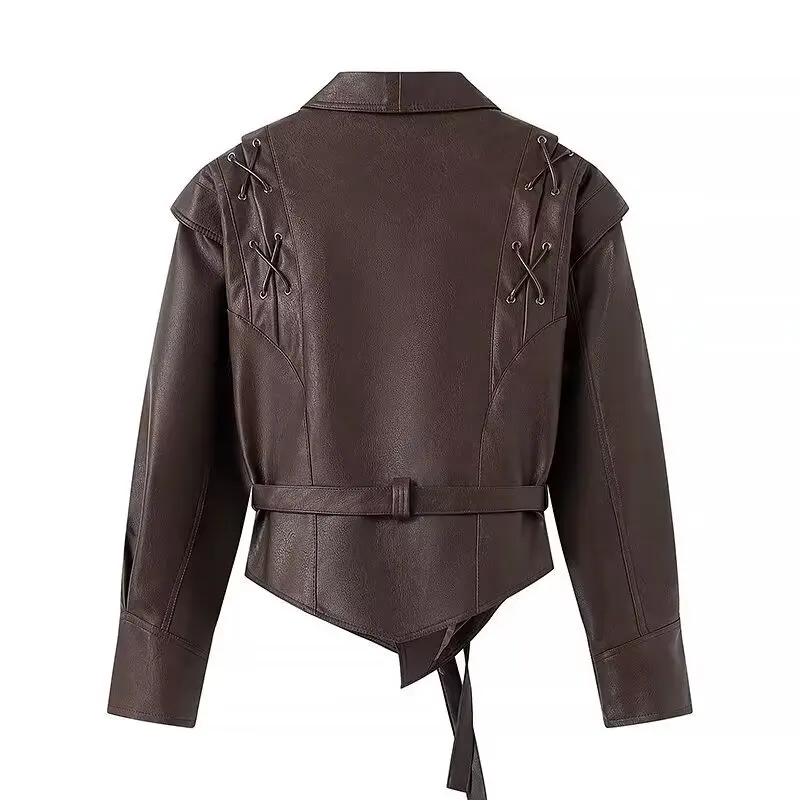 Manteau long en cuir marron pour femme avec ceinture à nouer en PU, élégant pour les trajets quotidiens