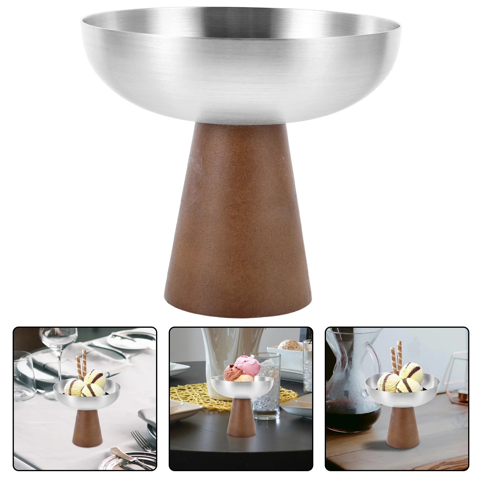 

Stainless Steel 150Ml High Base Dessert Cups Elegant Ice Cream Goblets Wooden Stand Pudding Fruit Bowl for Dining Party Serving