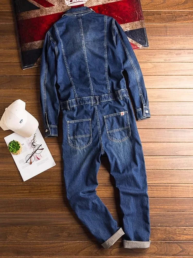 Autumn Retro One Piece Classic Denim Jumpsuit Long Sleeve Cargo Overalls Single Breasted Slim Fit Jeans Trousers Pockets Pants