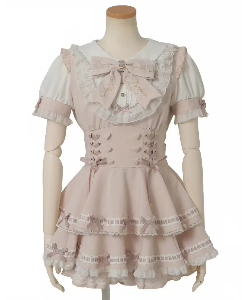 Kawaii Black White Gothic Lolita Dress Puff Short Sleeve Tiered Suspender Skirt Lace Bow Sweet Girly Jirai Kei Costume view 6