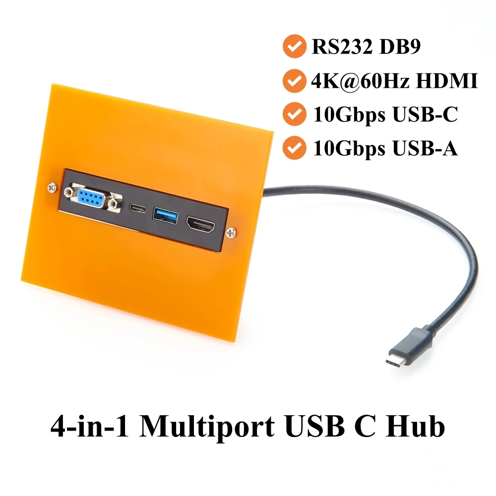 Panel Mount USB C Hub, 4-in-1 Multiport Adapter with RS232 DB9, 4K@60Hz HDMI, USB 3.2 Gen 2 10Gbps USB-C & USB-A Data Ports,