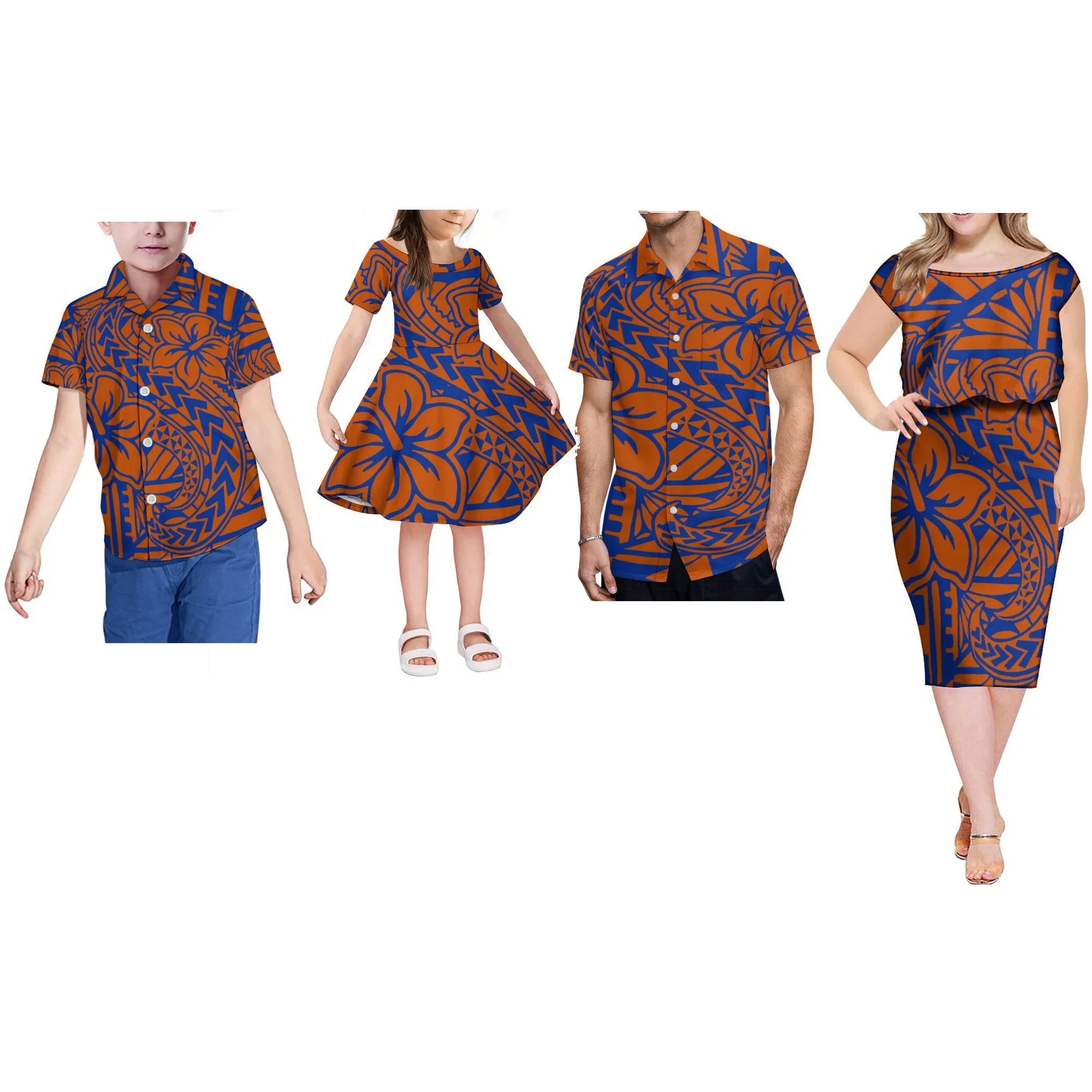 Island Style Green Polynesian Tribal Print Dress Large Size Short Sleeve Round  Neck Casual Dress