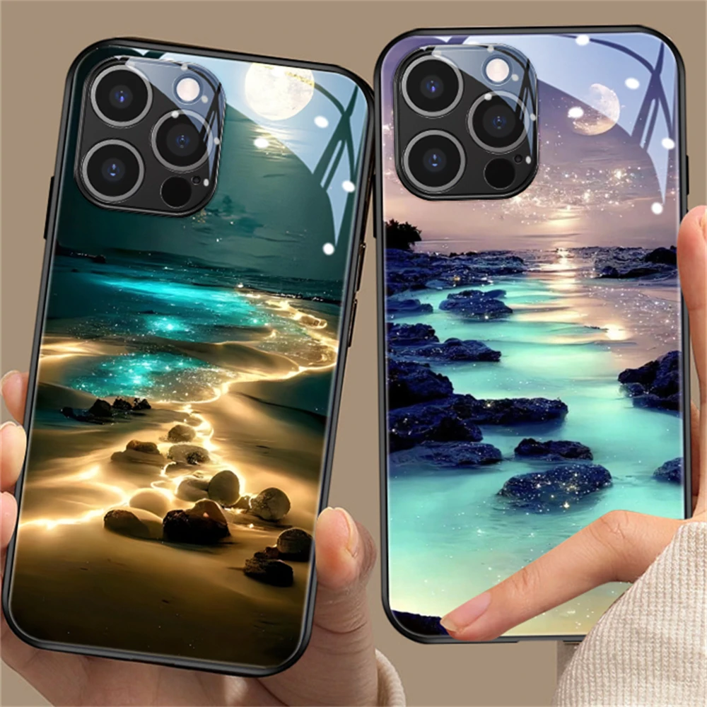 2026 Pretty Galaxy Beach Smart LED Light Glow Tempered Glass Phone Case For iPhone Air 18 17 16 E 15 14 13 12 11 Pro Max